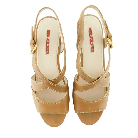 PRADA Logo Tan Brown Leather Crisscross Cork Wedge Sling Heel Sandals 37 - Picture 11 of 11